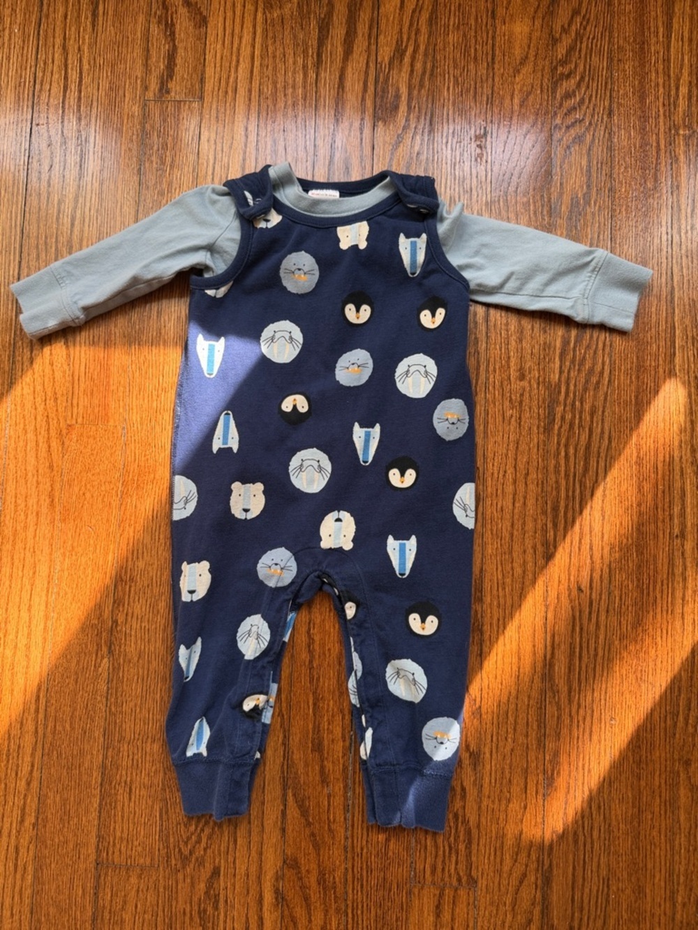 Hanna Andersson Baby Navy Animal Print One-Piece Romper with Light Blue Sleeves